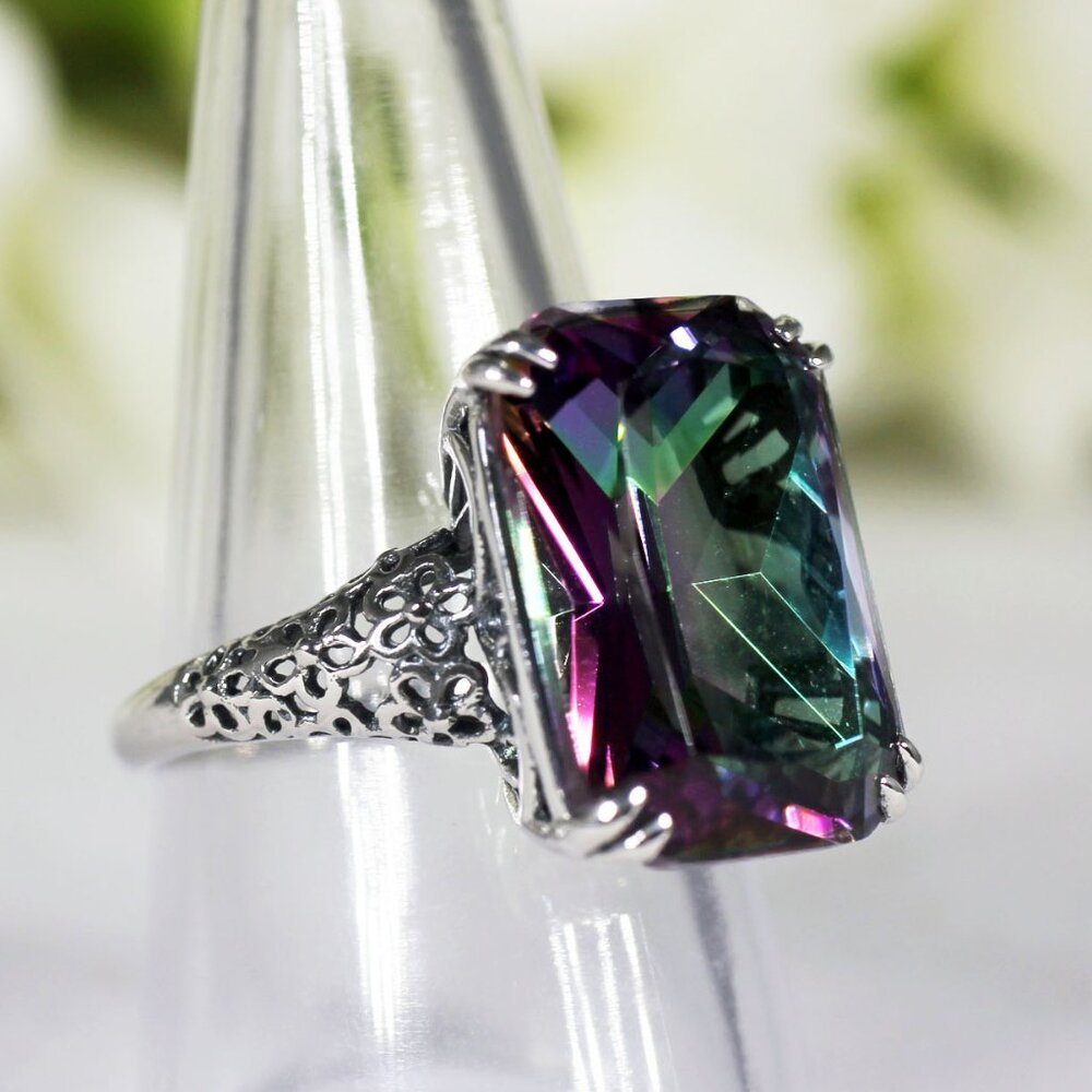 Sterling Silver Filigree Ring with simulated Aquamarine, Mystic Topaz or Peridot